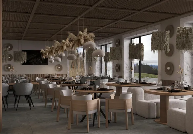 Ресторан Меланіт Resort & SPA — інтер'єр зі столами та панорамними вікнами